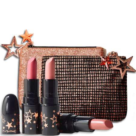 MAC Lucky Stars Lipstick Kit Limited Edition สี Neutral (1.8gx3 +กระเป๋า1ใบ) เซ็ทลิปสติกตกแต่งพิเศษเฉพาะ Holiday ปีนี้เท่านั้น! พร้อมกระเป๋ากลิตเตอร์ที่แตกต่างกันทั้ง2ด้าน